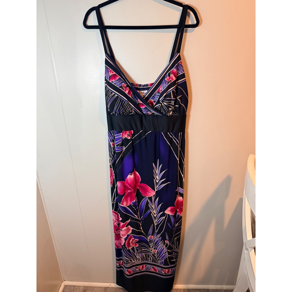 Olivia Matthews Womens Plus 18W Floral Maxi Dress Tropical V-Neck Navy Pink - Picture 2 of 8